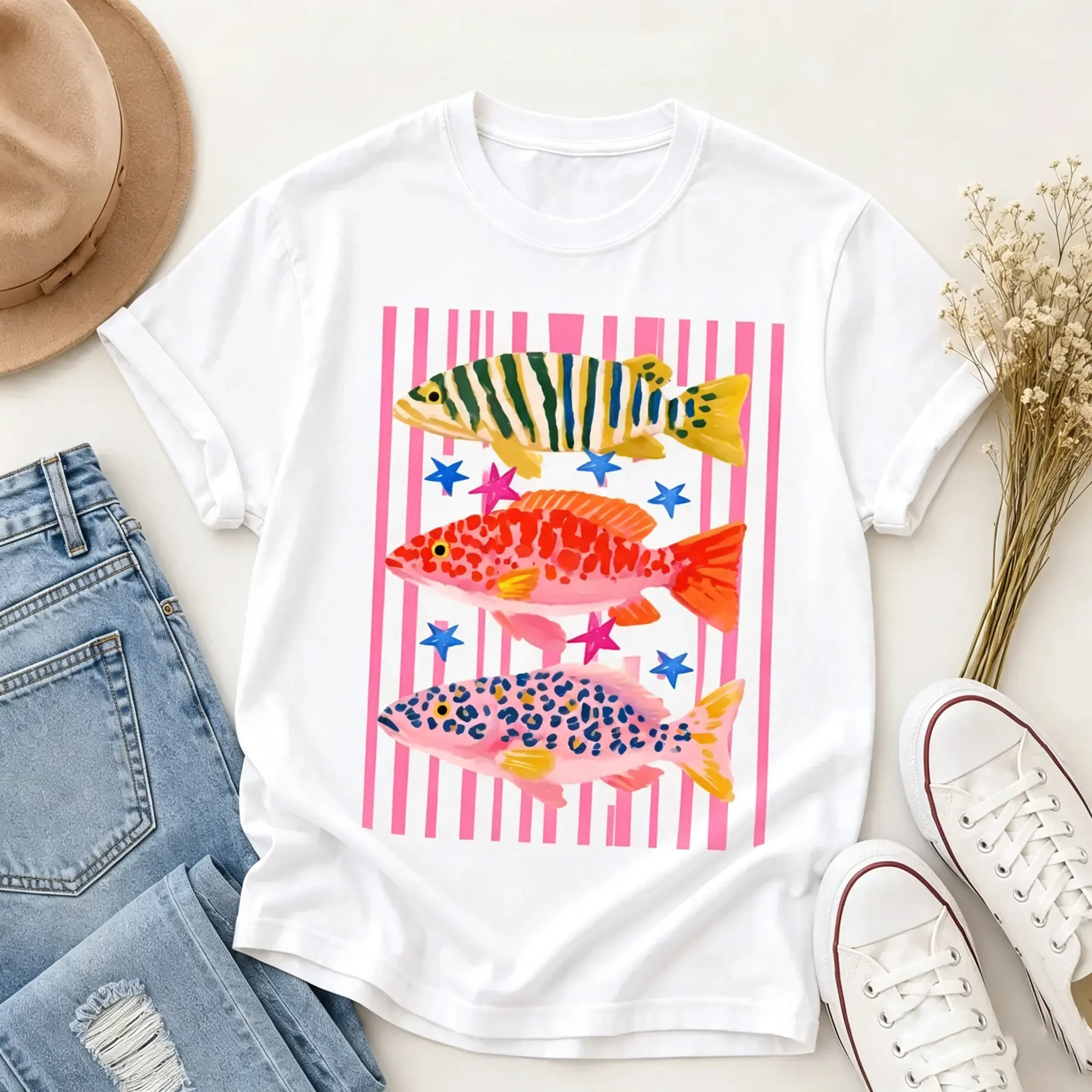 Preppy Fish T-Shirt, Female Fishing Shirt, Colorful Maximalist Sublimation, Summer Vacation Tee, Funny Beach T-Shirt, Girls Fish Too Gift for Her, Cotton Fabric