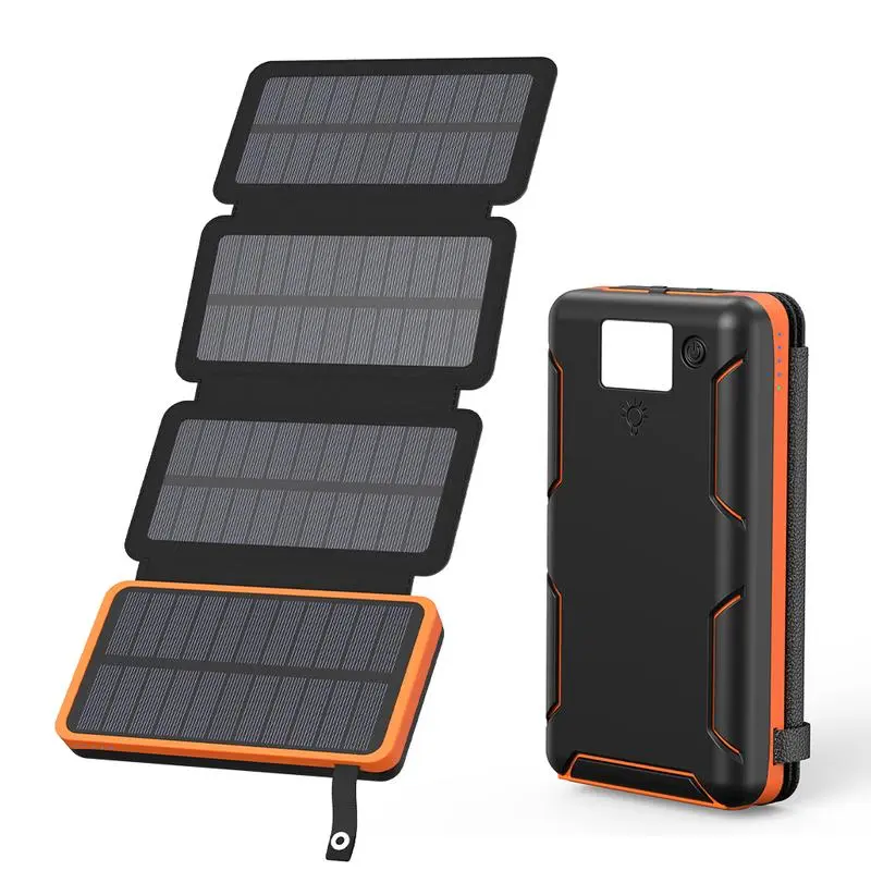 Solar Charger, Hiluckey Outdoor USB C Portable Power Bank with 4 High-Efficiency Foldable Solar Panels, 3A PD Fast Charge External Battery Pack with Simultaneous 3 USB Outputs Compatible with Smartphones, Tablets, etc.