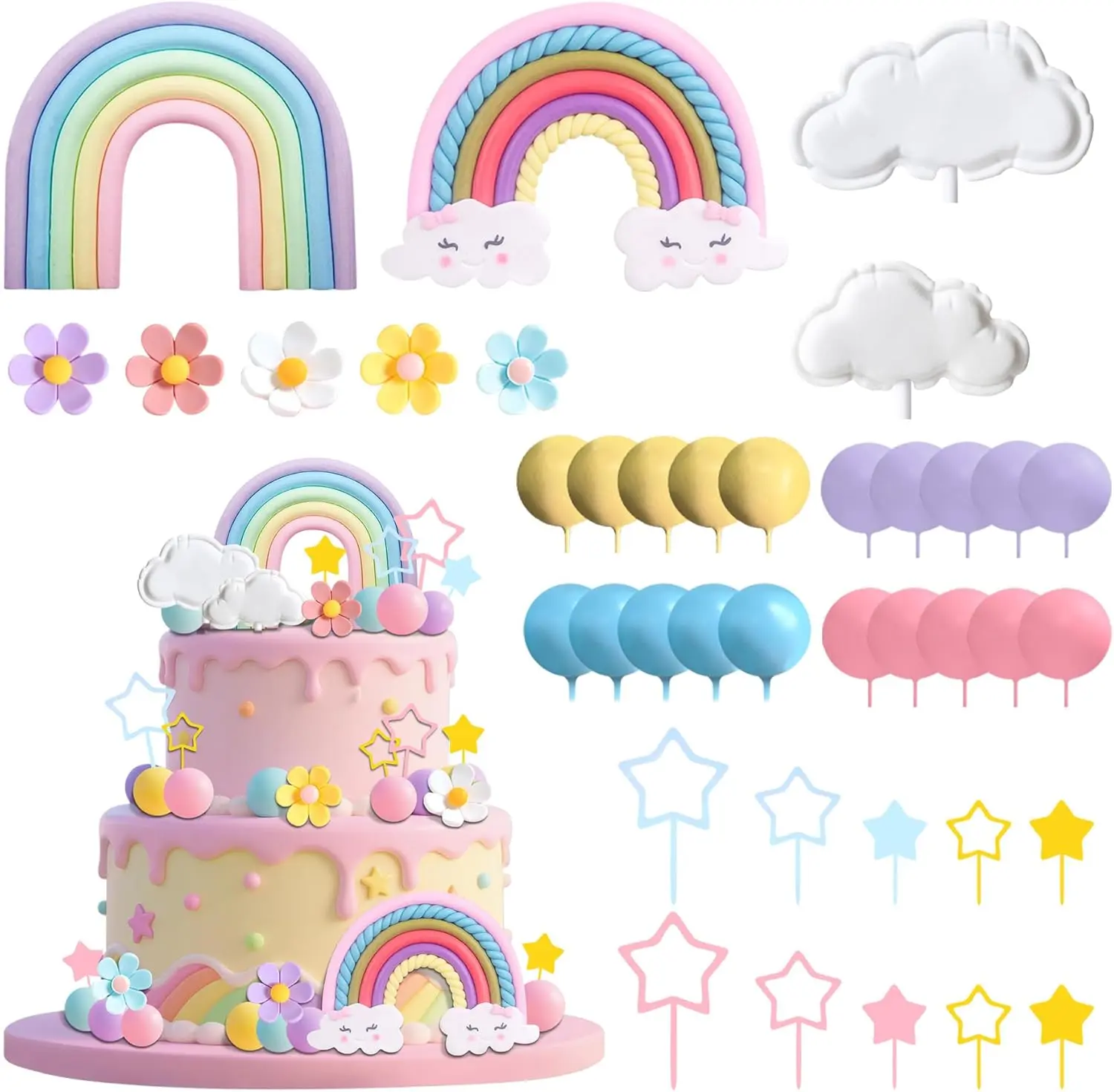 39PCS Rainbow Cake Decor Unicorn Cake Decorations Pastel Balls Cake Topper Pink Pastel Birthday Shower Party Decoration Supplies