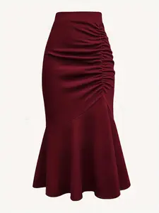 Women's Plain Ruched Skirt, Elegant Chic Solid Color Fit Slim Stretch Skirt for Party Holiday Wedding Guest, Ladies Bottoms for All Seasons Womenswear