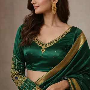 High Quality Boutique Work Blouse in Red and Green with Gold Embroidery Details Spot Party Womenswear Top Saree