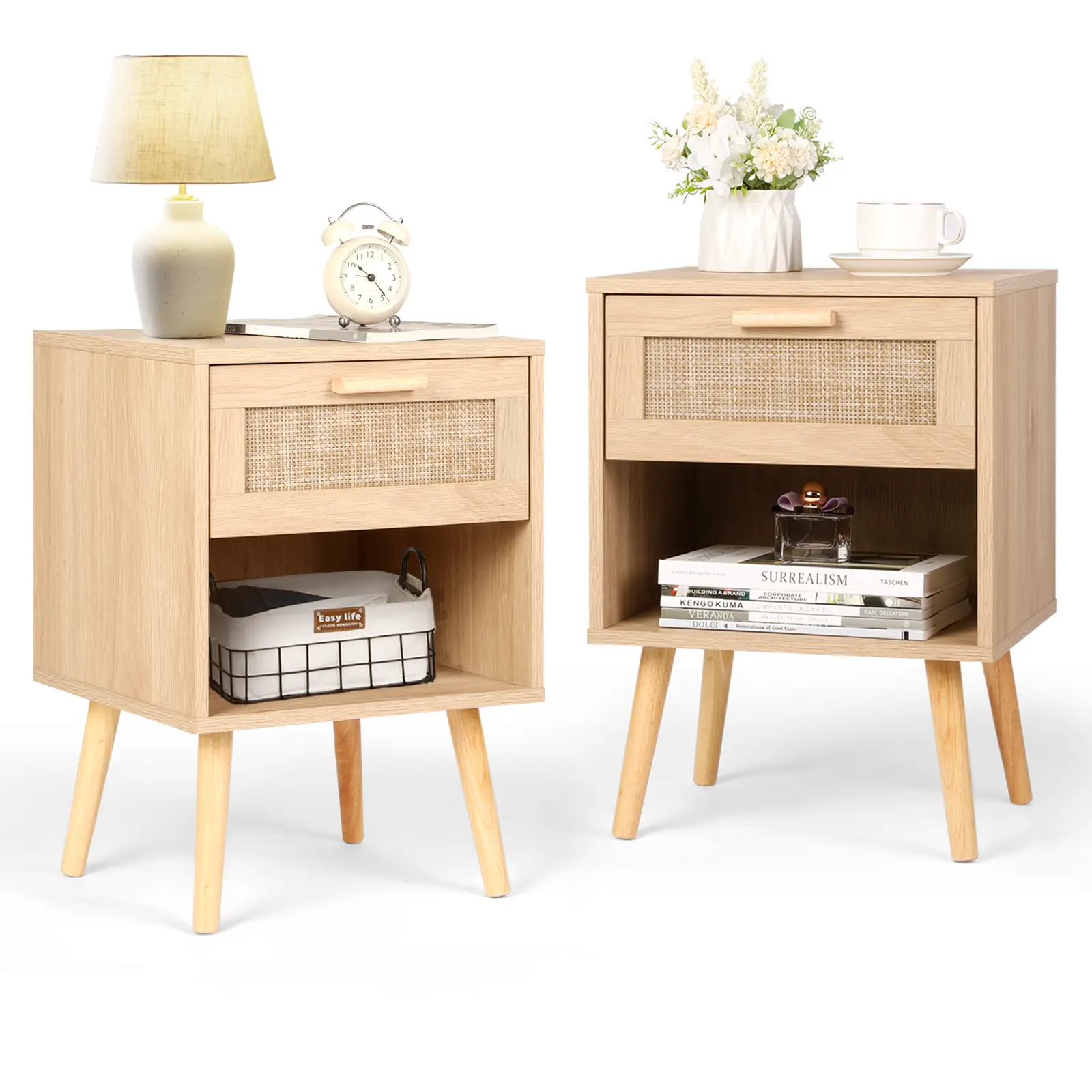 VOWNER Rattan Nightstand, Night Stands with Hand Made Rattan Decorated Drawer, Bedside Table Boho End Tables Side Tables with Storage Shelf, for Bedroom