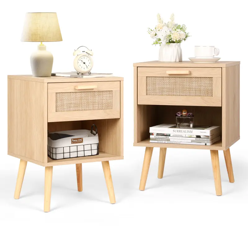 VOWNER Rattan Nightstand, Night Stands with Hand Made Rattan Decorated Drawer, Bedside Table Boho End Tables Side Tables with Storage Shelf, for Bedroom