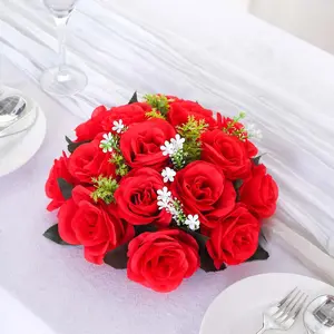 2 Pack Red Artificial Flower Ball Bouquets For Centerpieces, 15-Head Silk Rose Kissing Balls 10"