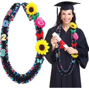 Mexican Color 71'' Graduation Leis Class of 2026 Ribbon Lei Braided Lei with Flower Butterfly for Grad Accessories