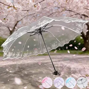 Fold Women's Transparent Cherry Blossom Umbrella, Cute Transparent Umbrella, Portable Wedding Party Umbrella, Ideal for Weddings and Daily Wear