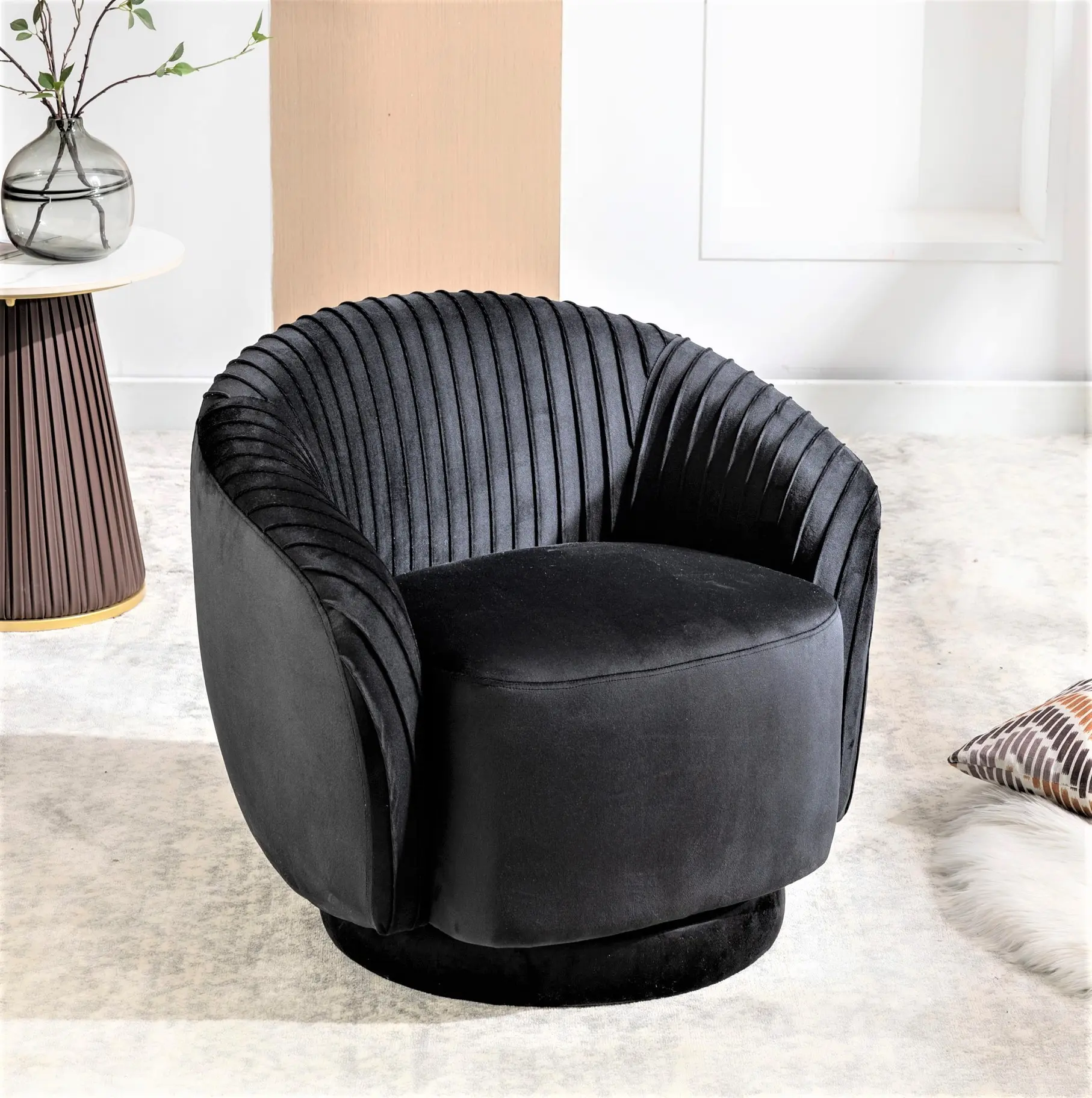 US Pride Furniture Modern Barrel Swivel Chair with Plush Velvet Upholstery and Smooth 360° Rotation