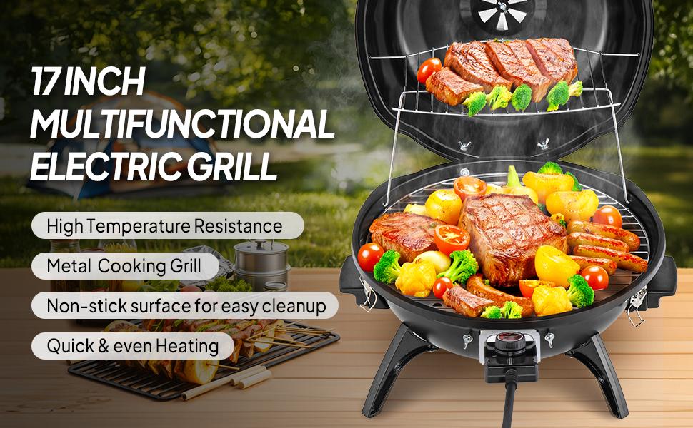 ROVSUN 1600W Tabletop Electric Grill with Temperature Control, Black 304 Stainless Steel Grill w/Double Layer Design, Portable & Removable, Small Stove for Indoor and Outdoor Use