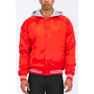 Satin Hooded Varsity Jacket Snap Button