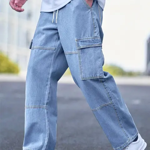 Men's Solid Front Flap Pockets Light Wash Cargo Jeans, Loose Casual Street Fashion Denim Pants for Daily Wear, Men's Trousers for All Seasons, Streetwear, Casual Denim Fit, Jeans with Pockets, Cargos Jeans