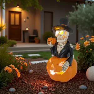 Halloween Solar Skeleton Pumpkin Lights Decor, Pumpkin Lights Skulls Statue Figurine Light for Outdoor Garden Yard Patio Porch Balcony Halloween Party & Front Yard Decorations, Halloween Outdoor Decor, Halloween Decorations Outdoor, Porch L