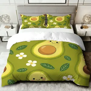 3PCS Duvet Cover Set, 1 Duvet+2 Pillowcases(Without filler), Avocado Green Floral Cute theme, Spring bedding set, Cozy Comfort Soft Fabric Suitable for decoration Bedroom Living Room Dorm Apartment.