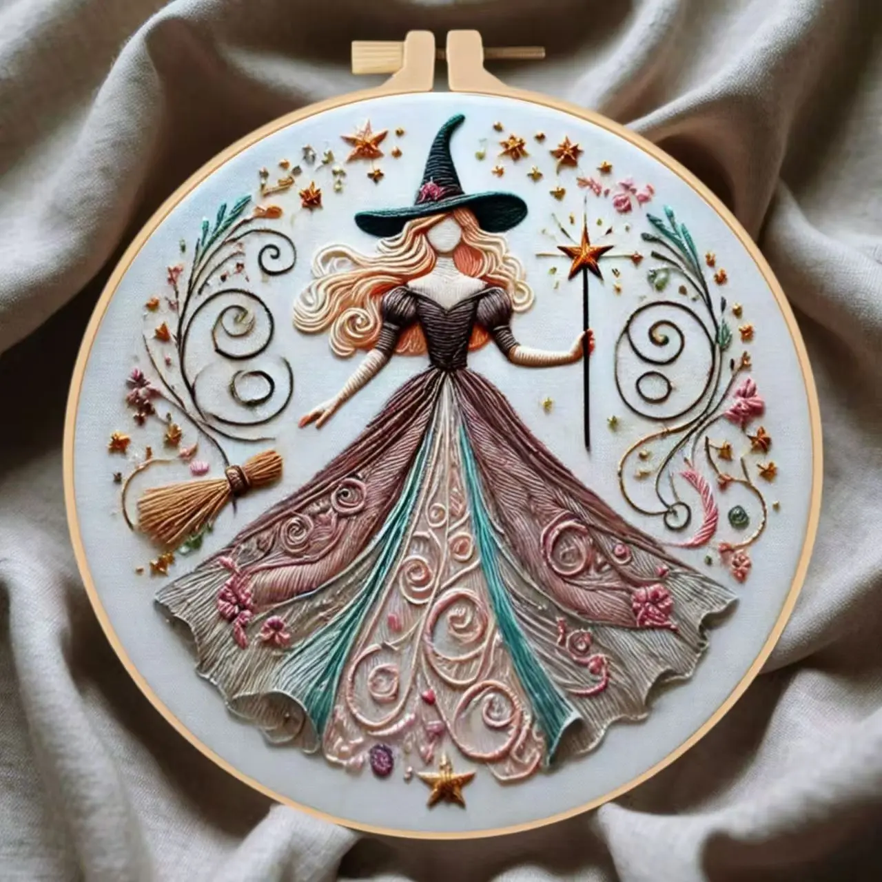 Beginner Embroidery Kit for DIY Lovers, Unique Embroidery Elegant Cross Stitch Set with Witch Design, Includes Cotton Fabric, Threads and Needles, 20cm Bamboo Style Frame, Handicraft, Handmade Gifts, Diy Craft Supplies, Embroidery Kit for Beginners