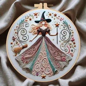 Beginner Embroidery Kit for DIY Lovers, Unique Embroidery Elegant Cross Stitch Set with Witch Design, Includes Cotton Fabric, Threads and Needles, 20cm Bamboo Style Frame, Handicraft