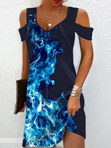 Plus Size Cold Shoulder Short Sleeve Dress, V-Neck, Flame Print, Casual Style