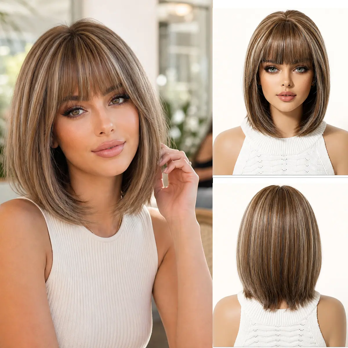 Women's Synthetic Full Machine Wig, Graduated Hue Brown with Highlights, Short Bob Cut, Air Bangs, Natural Realistic Full Head Wig
