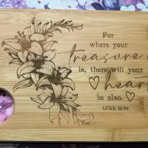 Engraved Bamboo Cutting Board | Floral Design | “Where Your Treasure Is, There Your Heart Will Be Also” | Christian Gift | Luke 12:34