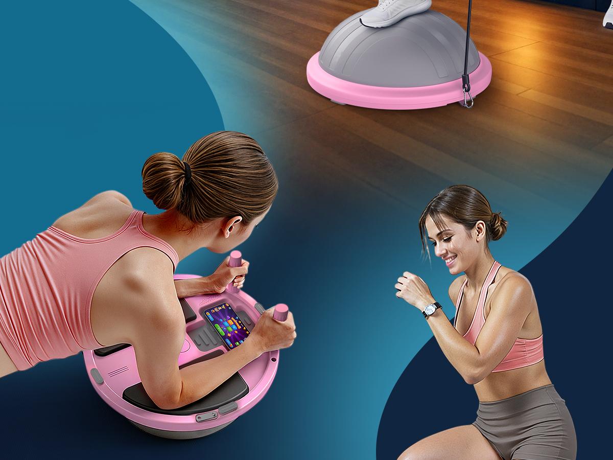 Merach Half Exercise Balls Trainer Balance Ball Trainer 2-in-1 Yoga Ball with Resistance Bands & Game Mode Core Stability & Full-Body Home Fitness Workout Equipment