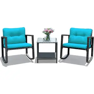 3 Pieces Patio Wicker Rocking Bistro Set, Outdoor Rocking Chair Furniture Set w/Cushioned Seat, Conversation Set w/Glass Coffee Table and Storage Shelf (Turquoise)
