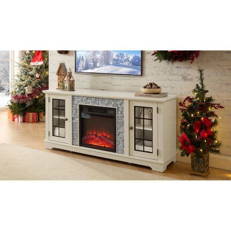 [Bellemave]58" Modern TV Stand with 2-Door Storage & 18" Electric Fireplace, Faux Stone Media Console Cabinet, White Large Entertainment Center for Living Room