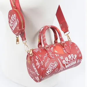 Women's Graffiti Boston Bag with Airpod Purse - Polyurethane and Mixed Metal Material bags