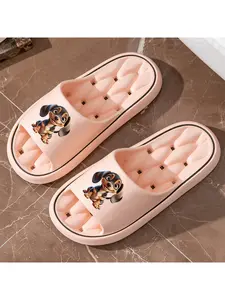Cute Dachshund Puppy Print Quick-Dry Hollow Out Slide Slippers, Non-Slip Drainage Bathroom Shower Shoes, Soft Cushioned Home Sandals for Pet Lovers & Kawaii Style Fans
