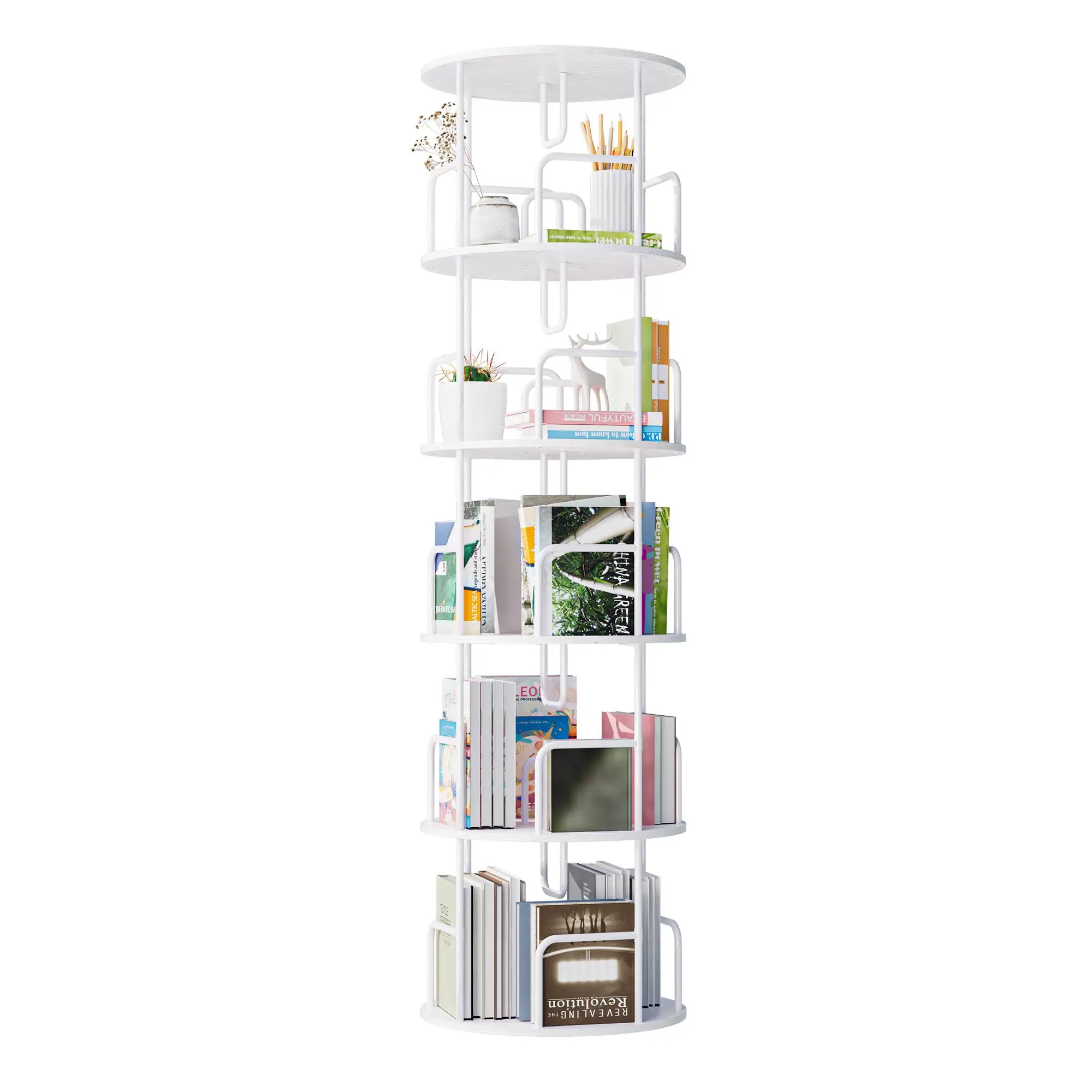 360° Rotating Bookcase, 5-Tier Revolving Bookshelf Tower, Tall Narrow Storage Shelf Organizer for Books, Toys, Plants & Home Decor