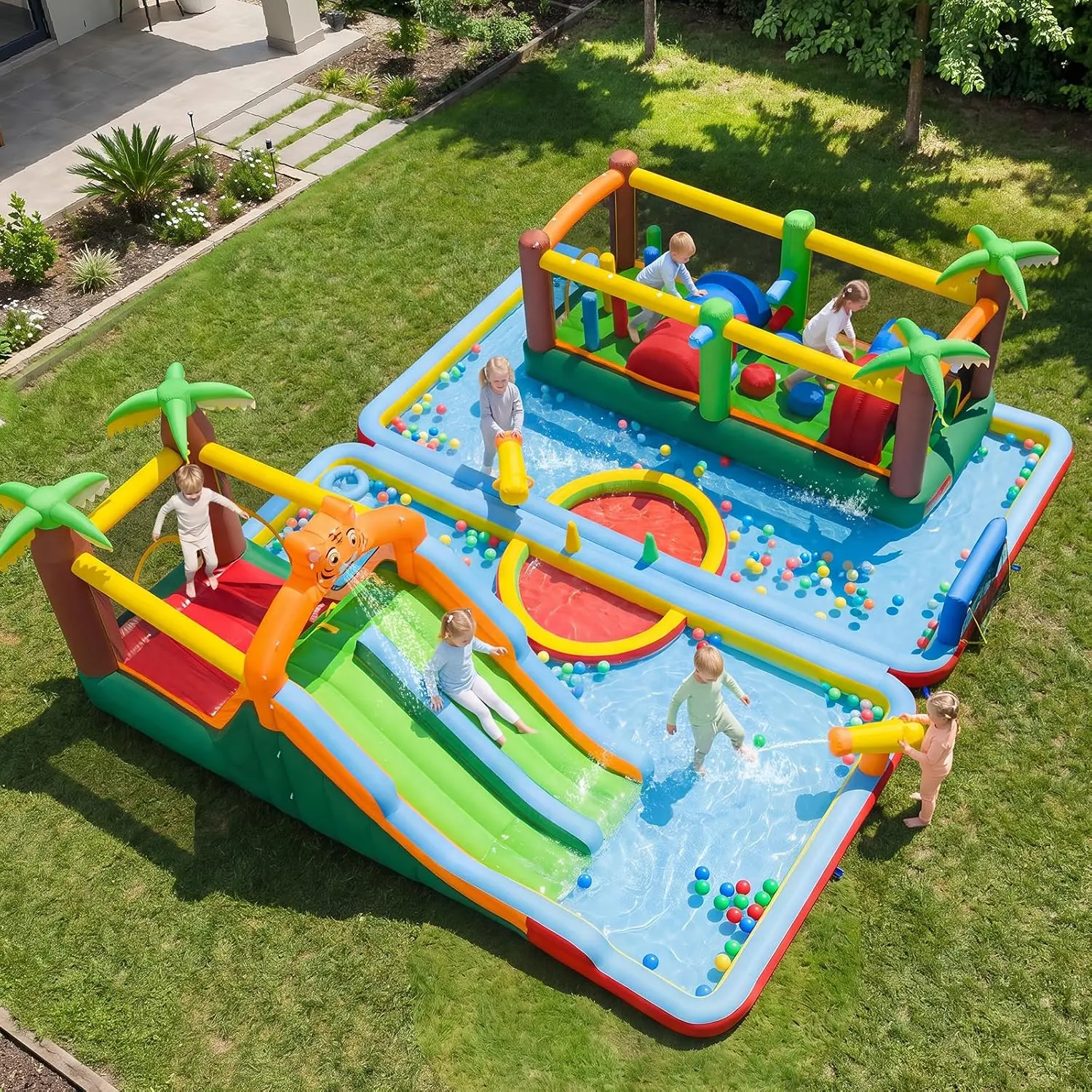 HTRDJ Huge Inflatable Water Slide Park, 2 Section Family Gathering Water Bounce House Bouncy Castle with Double Slides, Splash Pools, Outdoor 9-in-1 Water Slides for Big Kids 3-12 Backyard Party
