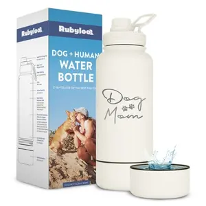 Rubyloo Dog Water Bottle for Dog Lovers - 32 oz Stainless Steel Double Wall Insulated Bottle with 8 oz Detachable Bowl & Leak-Proof Chug Lid
