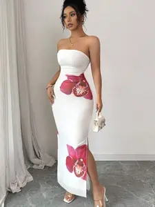 Women's Elegant Branch Floral Print Bustier Ruched Fitted Bodycon Wrap Long Dress Strapless High Waist Apricot Knitted Fabric Midi Dress - Casual