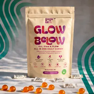 Gaga Labs Glow Below 3-in-1 Probiotic + Prebiotic Gummies | Supports Vaginal pH, Odor & Microflora | Gut & Urinary Tract Health | Patented TriBac Blend | Pineapple Flavor, No Sugar Added + Vitamin C