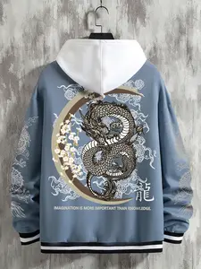 Men's casual pullover sports jacket with letter and dragon print, comfortable pocket sportswear for fall and winter, suitable for travel, vacation, and school.