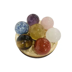 7 Chakra Natural Healing Spheres with Wooden Stand Crystal Quartz Stones for Meditation Positive Energy Night Light Decoration Balls Set for Home Amethyst Selenite