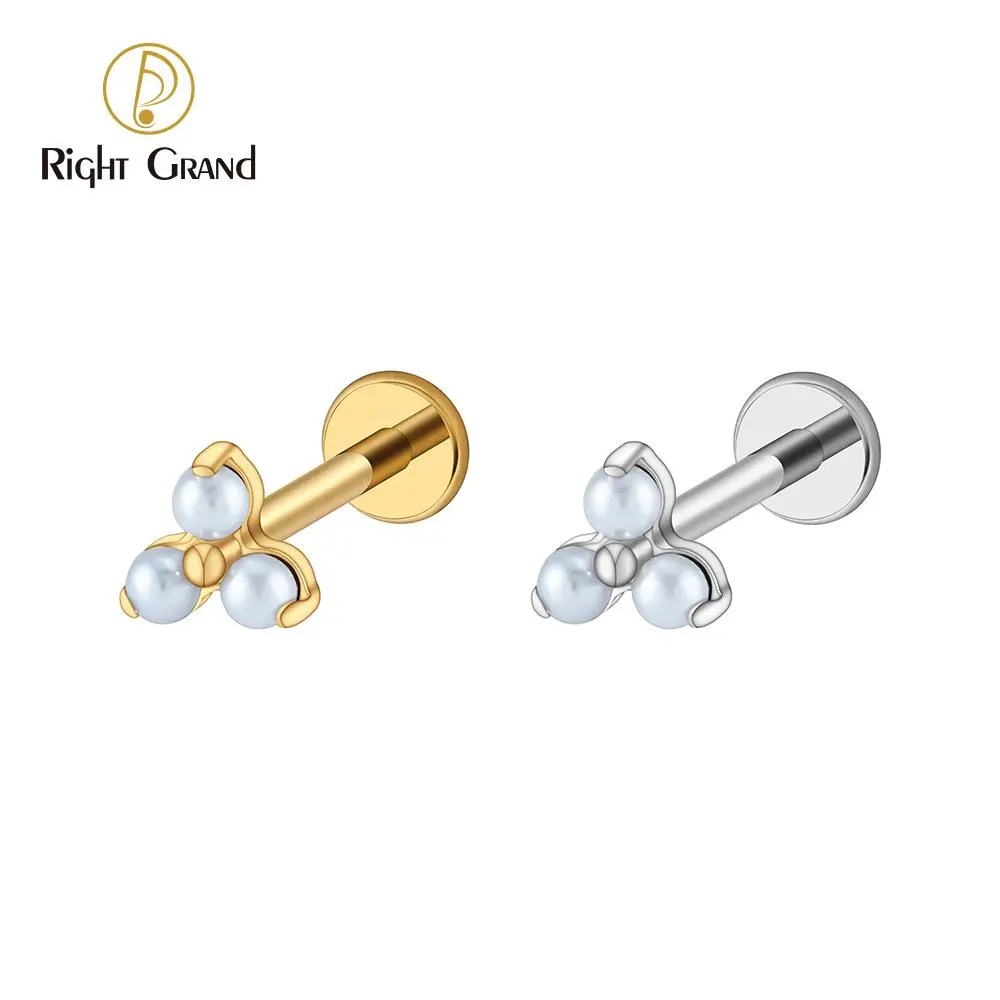 Right Grand ASTM F136 Titanium 16G Trinity Pearl Earring Helix Tragus Cartilage Stud Triple Flower Earlobe Lip Piercing Jewelry