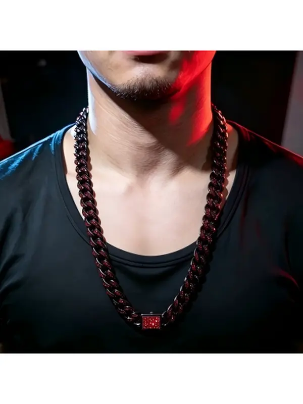 Handcrafted Stainless Steel Red Iced Out Cuban Link Chain | Black Gold Hip Hop Choker Necklace Bling Streetwear Jewelry