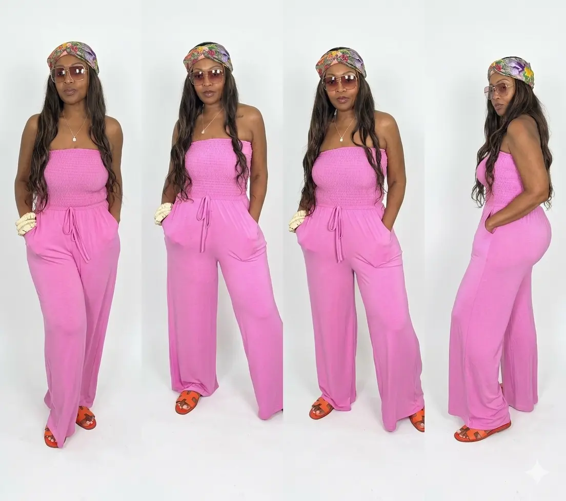 Women's Strapless Smocked Wide-Leg Romper - Soft, Sleeveless Style Top with Get-Up-Go Snatched Fit, Candy Pink