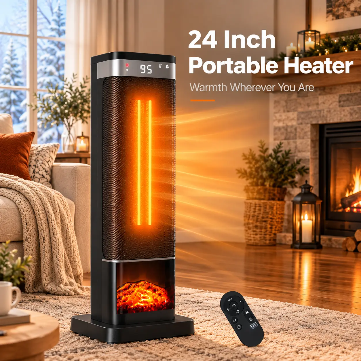 Sweetcrispy S - 24inch Space Heaters for Indoor Use, Portable Heater with 3 Light Colors, Adjustable Thermostat with Remote, Tip-over Protection Up to 95°F, 60°Oscillation,stop operating 30 seconds after the power is cut off.