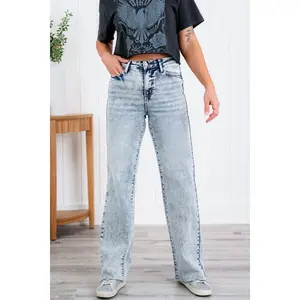 Judy Blue  Bad Blood High Rise Light Mineral Wash Raw Hem Wide Leg Jeans