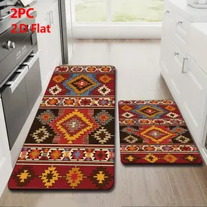 2/3pcs Soft Flannel Kitchen Mat Set, Aztec Geometric Design, Boho Tribal Style, Non-Slip, Absorbent, Bathroom, Laundry Room, Hallway