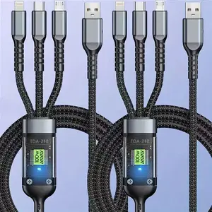 3-in-1 100W Fast Charging Cable – 1.2m Multi Charger Cord with LED Light for iPhone, Android, Type-C Devices – Home, Car & Travel