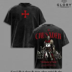 Unisex Classic Vintage Washed Oversized Heavy Cotton Menswear Apparel T-Shirt - Short Sleeve, Seamless, Round Neck, Crusader Defender of Faith, 2 Timothy 1:7 Scripture Knight Graphic, Dark Gothic Medieval Christian Streetwear Top 4KZ