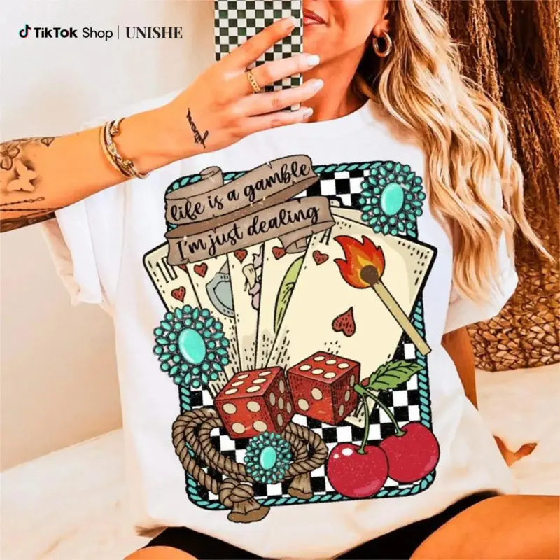 Aesthetic Western 'Life is a Gamble' T-Shirt | Premium 100% Cotton Heavyweight Tee | Retro Turquoise Cowboy Graphic Apparel | Vintage Country Style Wild West Top | Soft Breathable Casual Summer Gift