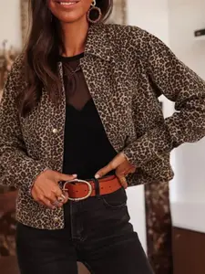 Women's Leopard Print Collar Jacket Coat, Casual Outerwear, Long Sleeve, Festive Atmosphere, Full Print Leopard Pattern, Loose Fit, Perfect for Birthday Parties & Holidays