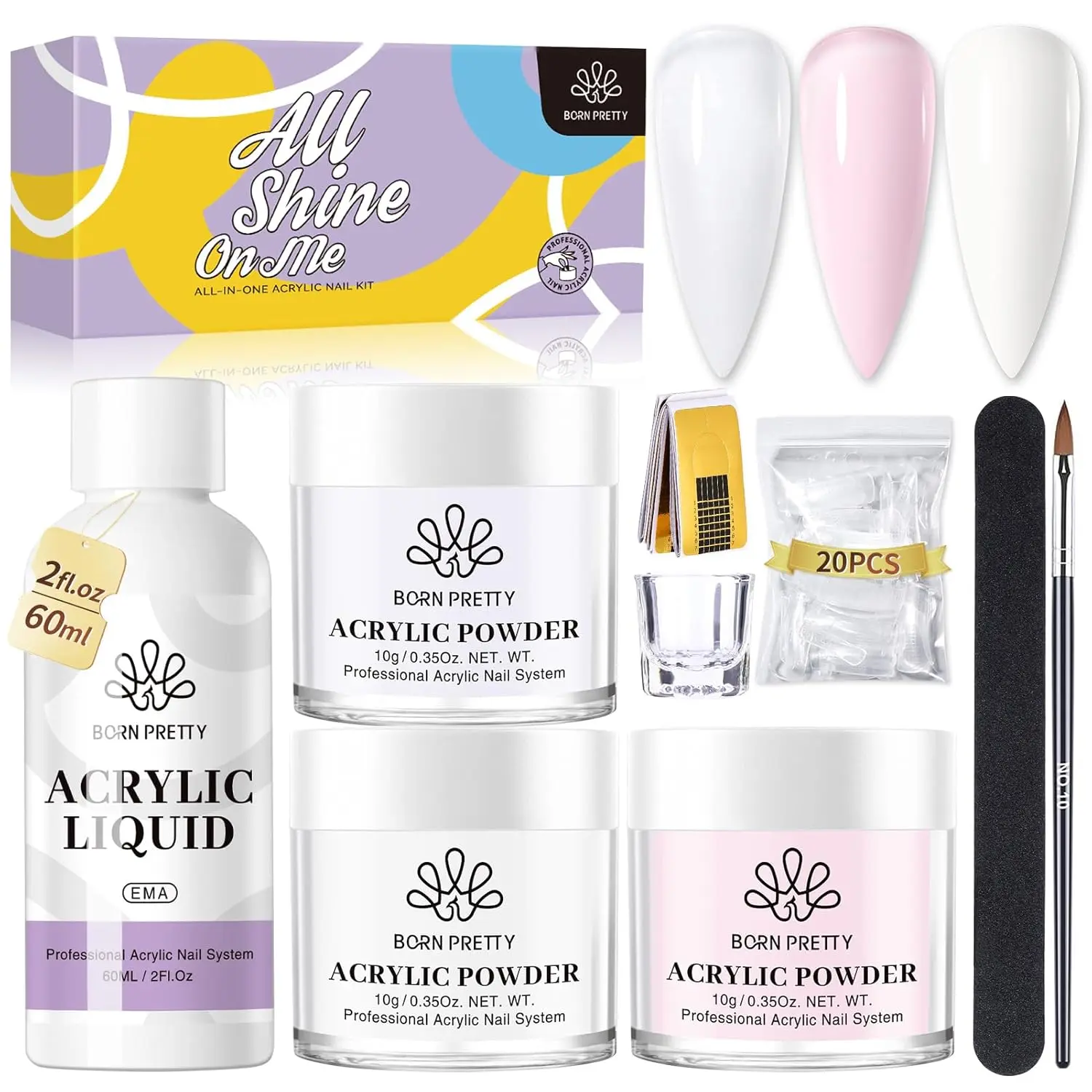 Beginner-Friendly Acrylic Nail Kit for Nail Care - Professional Home/Salon Set with 10ml 3-Color Powder, 10ml 3-Color Liquid, Brush, Forms for Long-Lasting Chip-Resistant Manicure