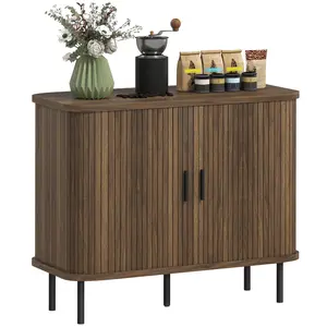 HOMCOM 35.4" Sideboard Buffet Cabinet with Storage, Nordic Coffee Bar Cabinet with Slatted Tambour Doors and Metal Legs, Kitchen Credenza, Walnut