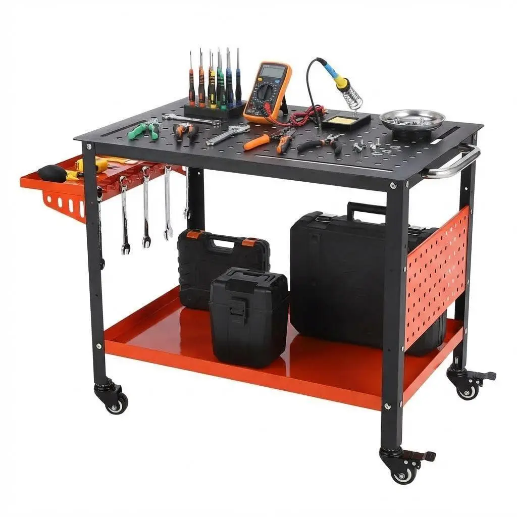 GARVEE Heavy Duty Welding Table with Wheels 36"X24",Welding Fixture Tables for Shop,Portable Welder Workbench with 5/8" Fixture Holes,Storage Panels, Tool Tray for Workshop Orange