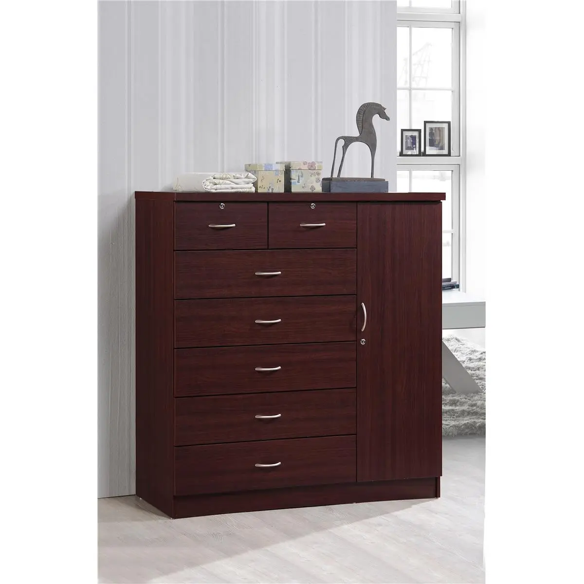Hodedah Mahogany Wood 7-Drawer Jumbo Chest with Additional Door, 154 lbs Capacity, 17.7 x 48 x 48.2 in Dimensions, Suitable for Children and Adults, Drawer Organization, Chest Of Drawers