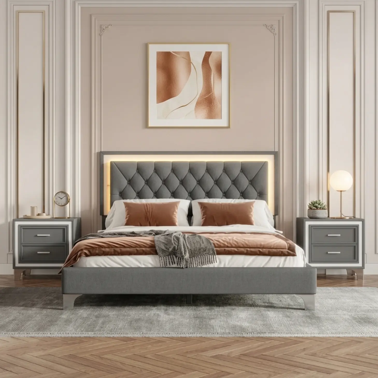 Gray Velvet Queen Size 3-Piece Bedroom Set - In Stock Clean-Lined Durable LED Bed Frame with LED Lights, 2 Nightstands, 700 lbs Capacity, Assembly Required, 83.7"l x 64"d x 44.5"h for Bedroom, Studio Apartment