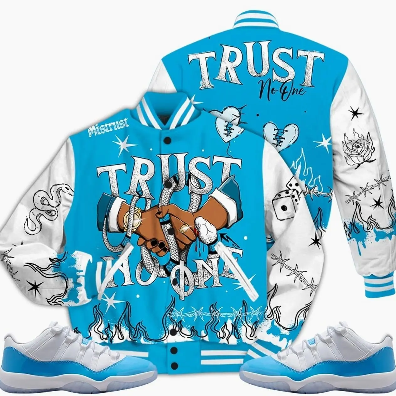 11 Low University Blue Varsity Jacket, Low University Blue 11s Outfits, Tattoo Trust No One Unisex T-Shirts To Matching Sneakers