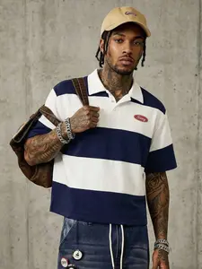 Men's Navy Blue & White Striped Cropped Polo Shirt, Retro Vintage Rugby Jersey Style Boxy Relaxed Fit Short Sleeve Top with Sunny Logo Patch, Heavyweight Cotton Streetwear Polo, Classic Casual Preppy Collared Shirt for Summer Daily Street OOTD